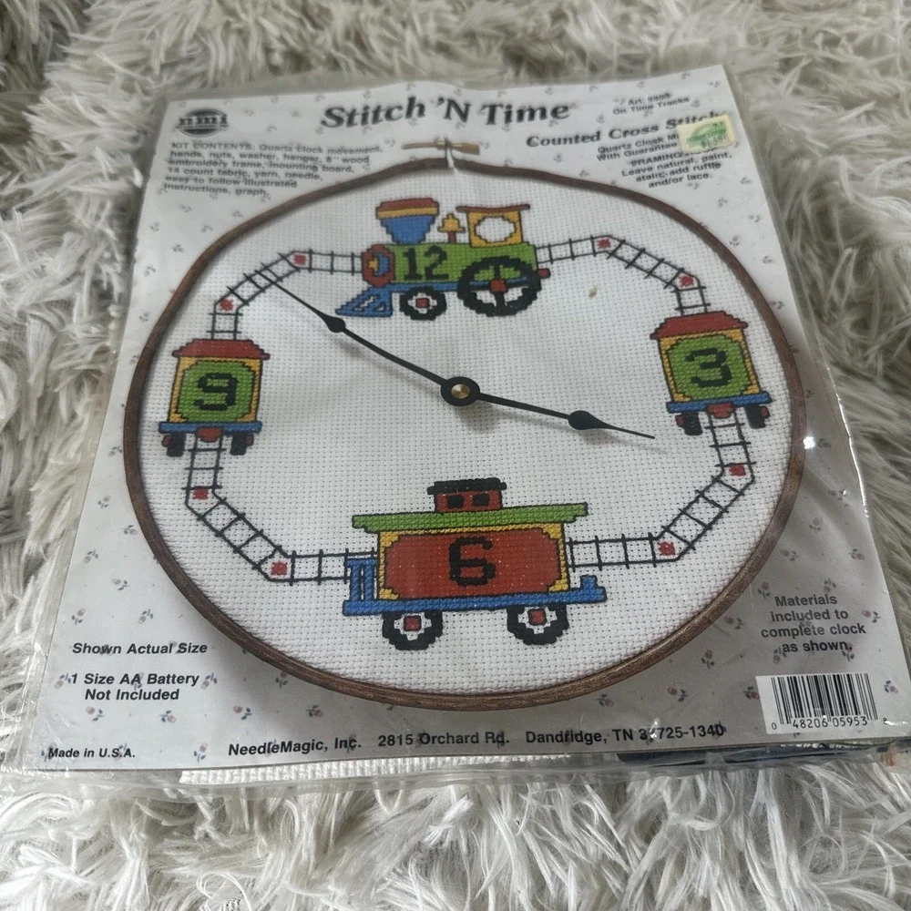 (2) VTG Stitch 'N Time 5953 On Time Tracks 923 Gone Fishin' Cross Stitch Clock
